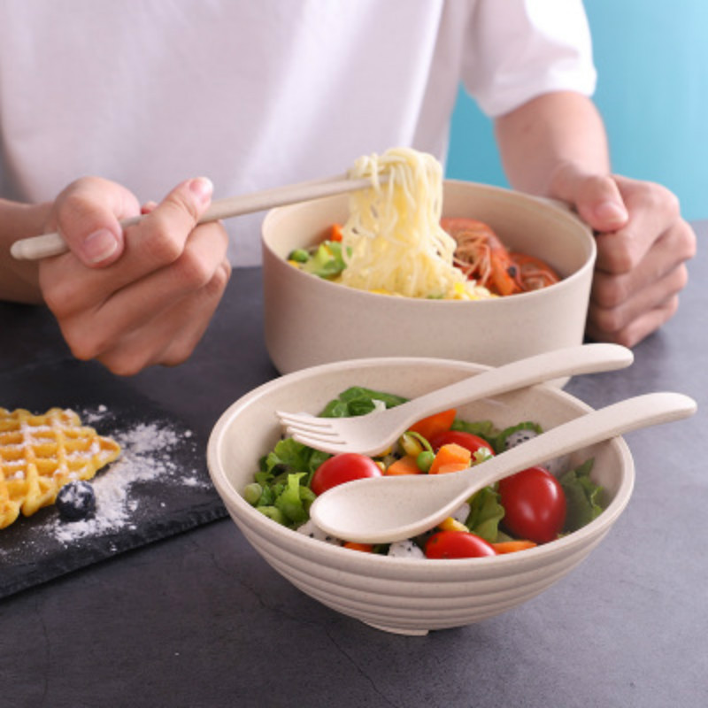 Naujas 1 rinkinio kviečių šiaudų stalo indai ir lazdelių rinkinys studentų pietų dėžutės bendrabutyje greitai paruošiami makaronai su dangčiu