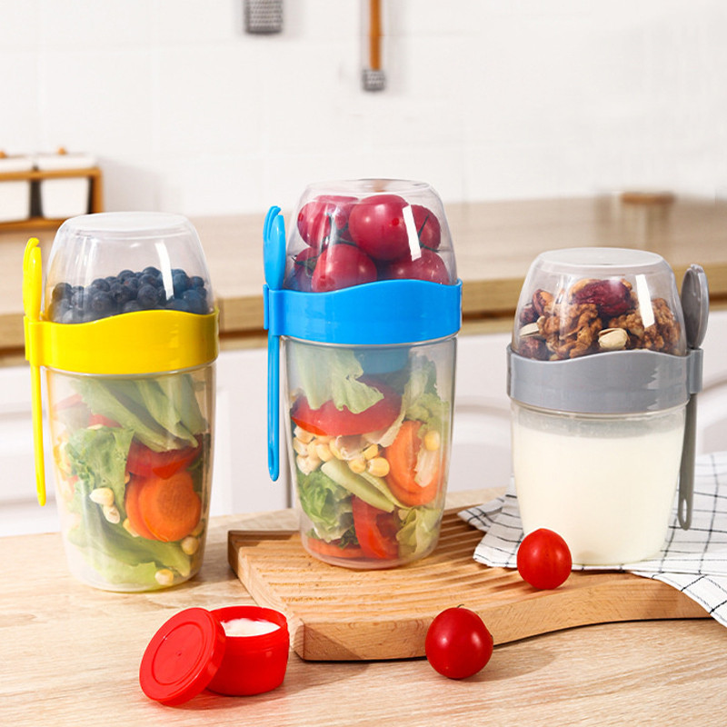 Recipient portabil pentru micul dejun, fulgi de ovăz, cereale, nuci, iaurt, ceașcă pentru salată, cu furculiță, sos, capac, bol pentru mâncare, cutie de prânz de bucătărie