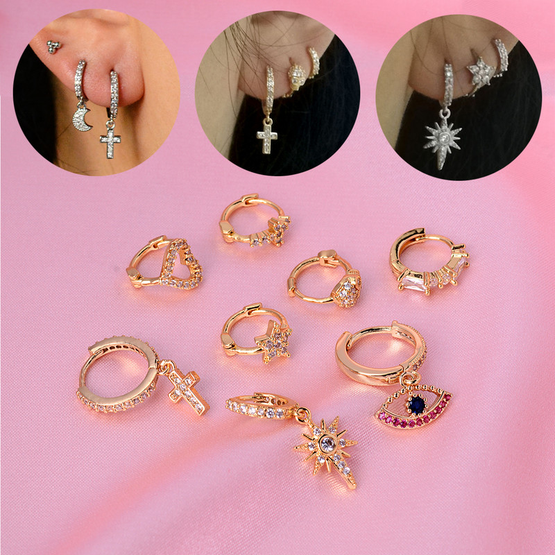 1 vnt. Punk Hiphop Cool Crystal Moon Star Cross Heart Kaukolė Mažas Apvalus Lankelis Auskarų vėrimas Pakabukas Ausys Žavingi papuošalai Didmeninė prekyba