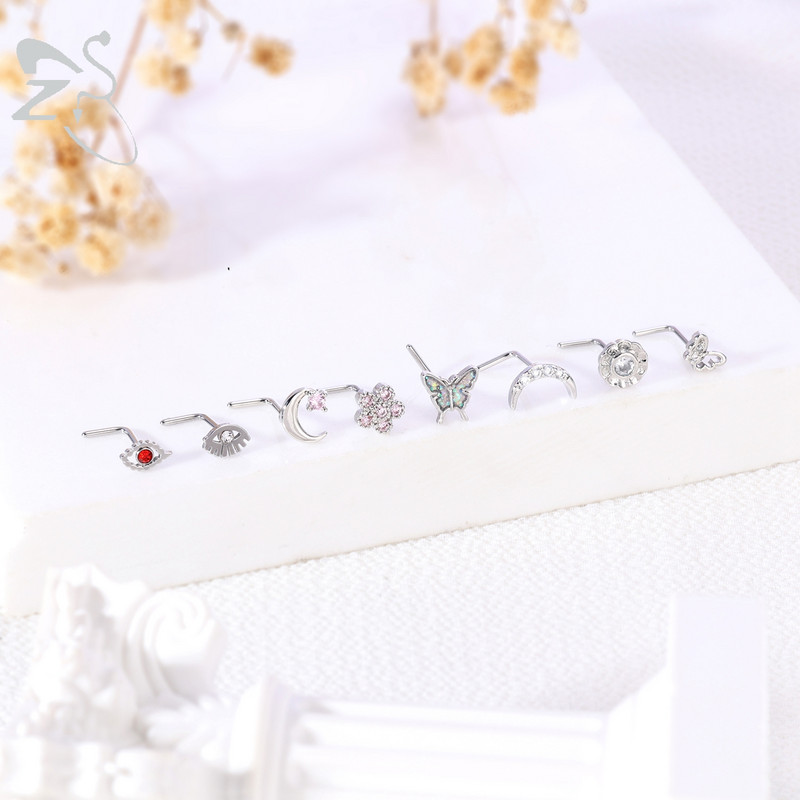 ZS 1PC 20G 316L čavlić za nos od nehrđajućeg čelika za žene, djevojke, piercing za nos, ružičasti kristal, piercing za nos u obliku srca, leptira, mjeseca