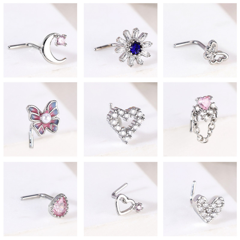 ZS 1PC 20G 316L čavlić za nos od nehrđajućeg čelika za žene, djevojke, piercing za nos, ružičasti kristal, piercing za nos u obliku srca, leptira, mjeseca