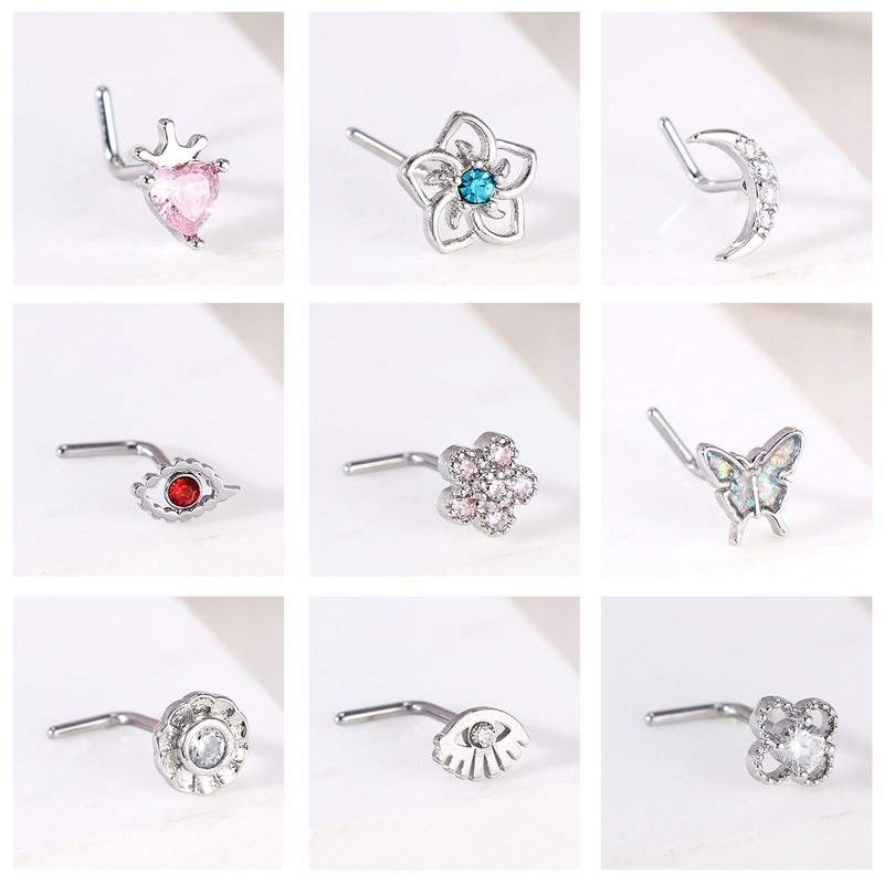 ZS 1PC 20G 316L čavlić za nos od nehrđajućeg čelika za žene, djevojke, piercing za nos, ružičasti kristal, piercing za nos u obliku srca, leptira, mjeseca