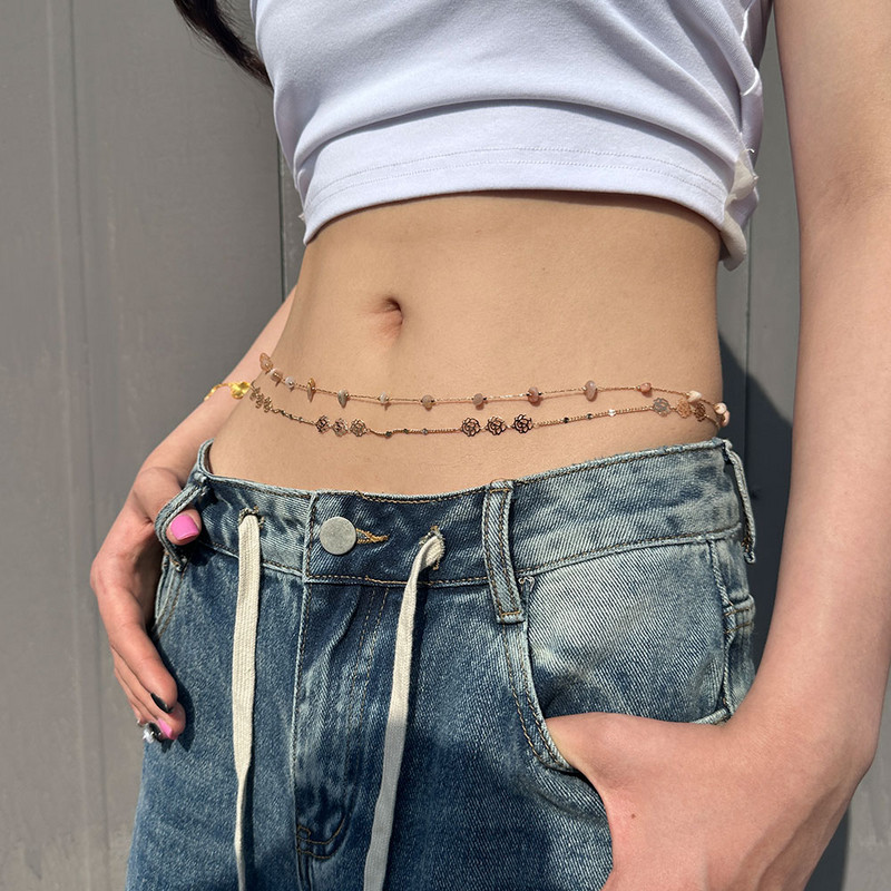 Lanț de talie cu mărgele Boemia sexy pentru femei, estetic cu două straturi pentru bikini, lanț pentru burtă, vară, plajă, bijuterii pentru corp