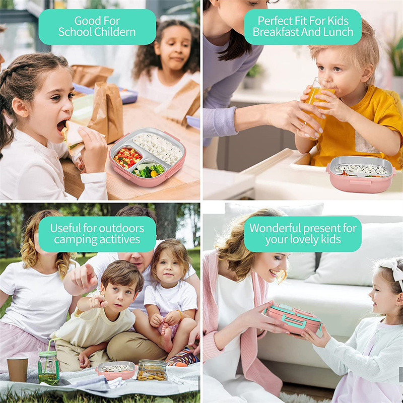 Cutie Bento din oțel inoxidabil, cutie de prânz izolată pentru copii, fete mici, secțiuni metalice, containere de prânz, rezistente la scurgeri