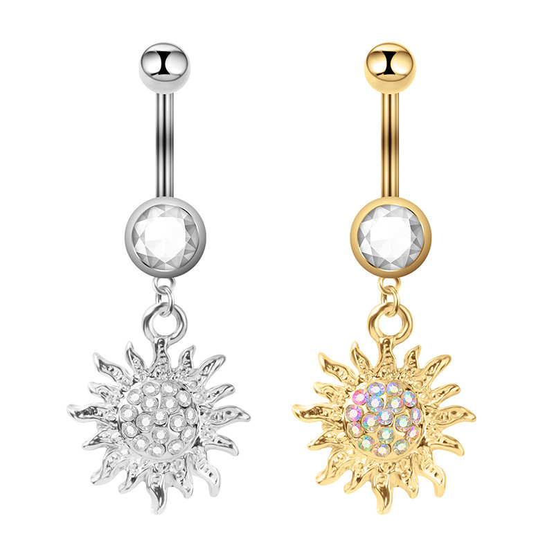 Päevalillest tsirkoonist nööbiga sõrmus Moodne Kerge luksuslik roostevabast terasest nabaküüs naistele Sobivad keha augustamise ehted