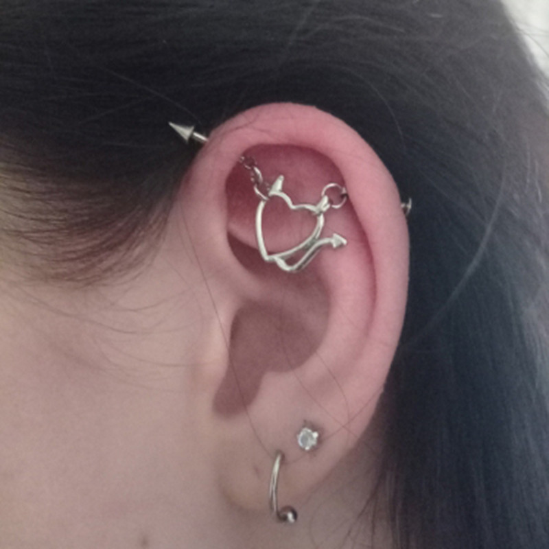 JHJT 14G 16G Heart Industrial Piercing Barbell Surgical Steel Devil Cartilage Naušnica Evil Star Industrial Chain Piercing Jewelry