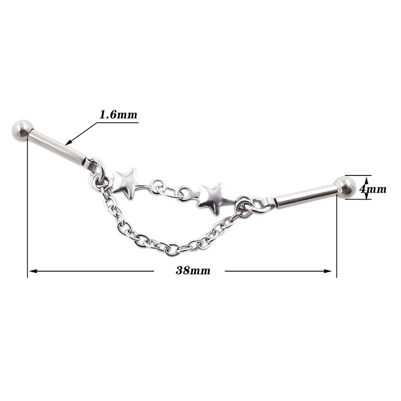 JHJT 14G 16G Heart Industrial Piercing Barbell Surgical Steel Devil Cartilage Naušnica Evil Star Industrial Chain Piercing Jewelry