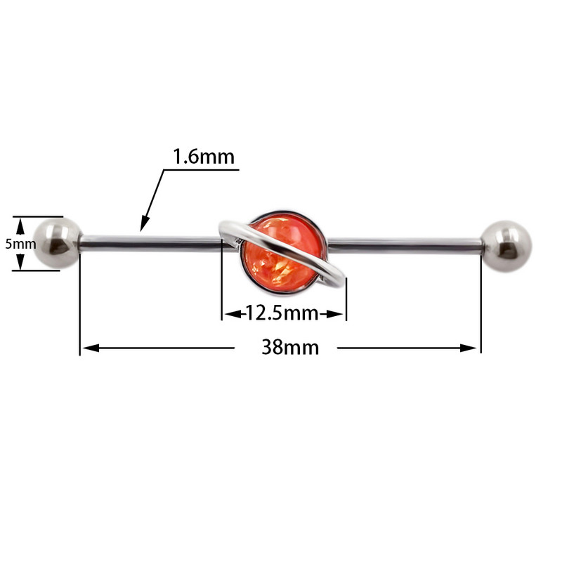 JHJT 14G 38mm Moon Industrial Piercing 316L Surgical Stainless Steel Planet Cartilage Ear Industrial Barbell Jewelry