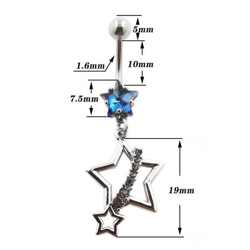 JHJT 14G nabarõngad 316L kirurgilisest terasest kuupmeetrist tsirkooniumoksiidist rippuv täht naba augustamine Nombril kõhuaugust ehted