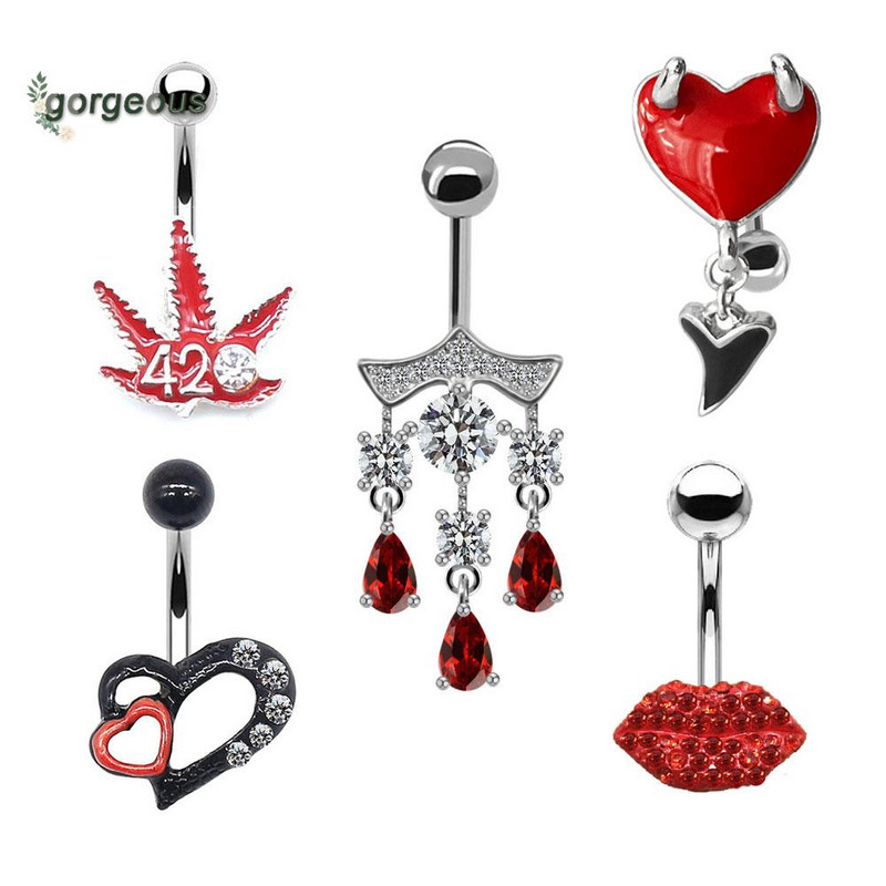 Pave Inkrustuotas raudonas cirkonis lūpų sagos žiedas širdies klevo lapų bambos auskarų vėrimas Nombril Auskarų vėrimas Moterų pilvo šokių papuošalai Dovanos