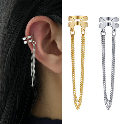 Модни обеци с пискюли от метална верига за жени Творчески хип-хоп щипка за уши Маншет за ухо без пиърсинг Комплект бижута