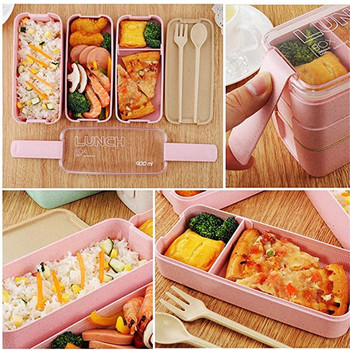 3-слойна кутия за обяд от пшенична слама с чанта Японска кутия за микровълнова бенто с вилица лъжица Контейнер за храна за деца Студентски персонал