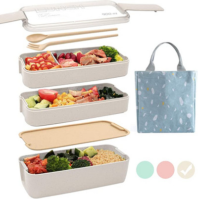 3 rétegű búzaszalmából készült ebéddoboz zacskóval Japán mikrohullámú sütő Bento doboz villás kanál ételtartóval gyerekeknek, diákiroda munkatársainak