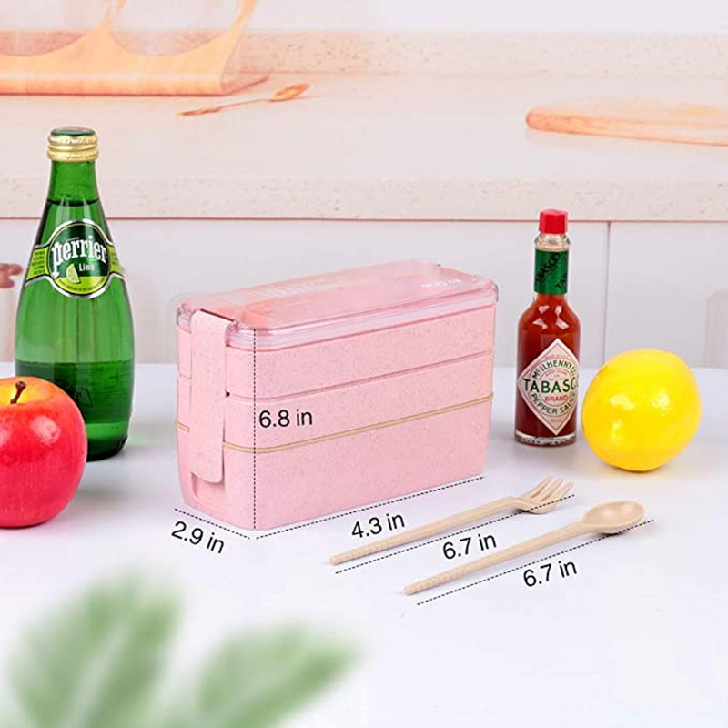 3 rétegű búzaszalmából készült ebéddoboz zacskóval Japán mikrohullámú sütő Bento doboz villás kanál ételtartóval gyerekeknek, diákiroda munkatársainak