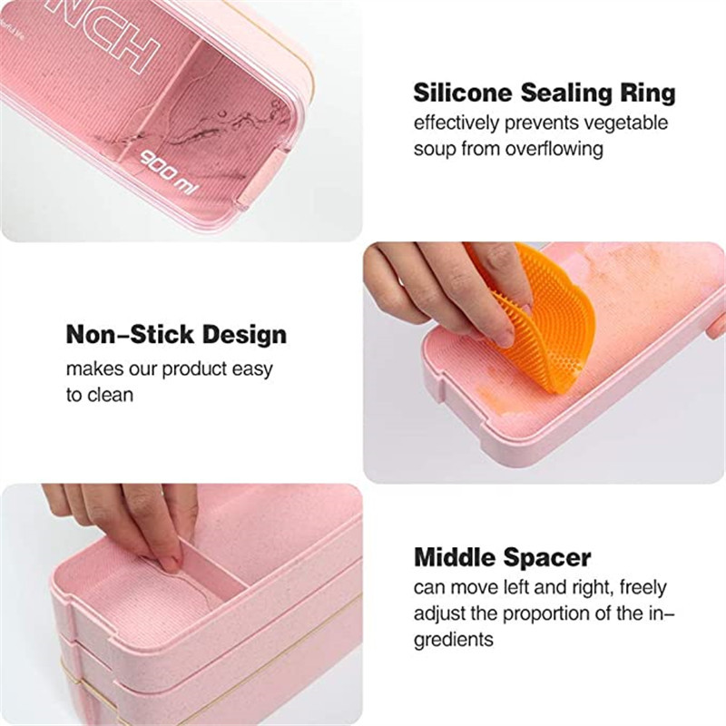 3 rétegű búzaszalmából készült ebéddoboz zacskóval Japán mikrohullámú sütő Bento doboz villás kanál ételtartóval gyerekeknek, diákiroda munkatársainak