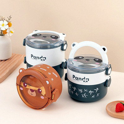 Miela Panda Thermal Bento priešpiečių dėžutė vaikams Nešiojami dviejų sluoksnių apvalūs mini animaciniai filmukai mikrobangų krosnelėje maisto laikymo indai