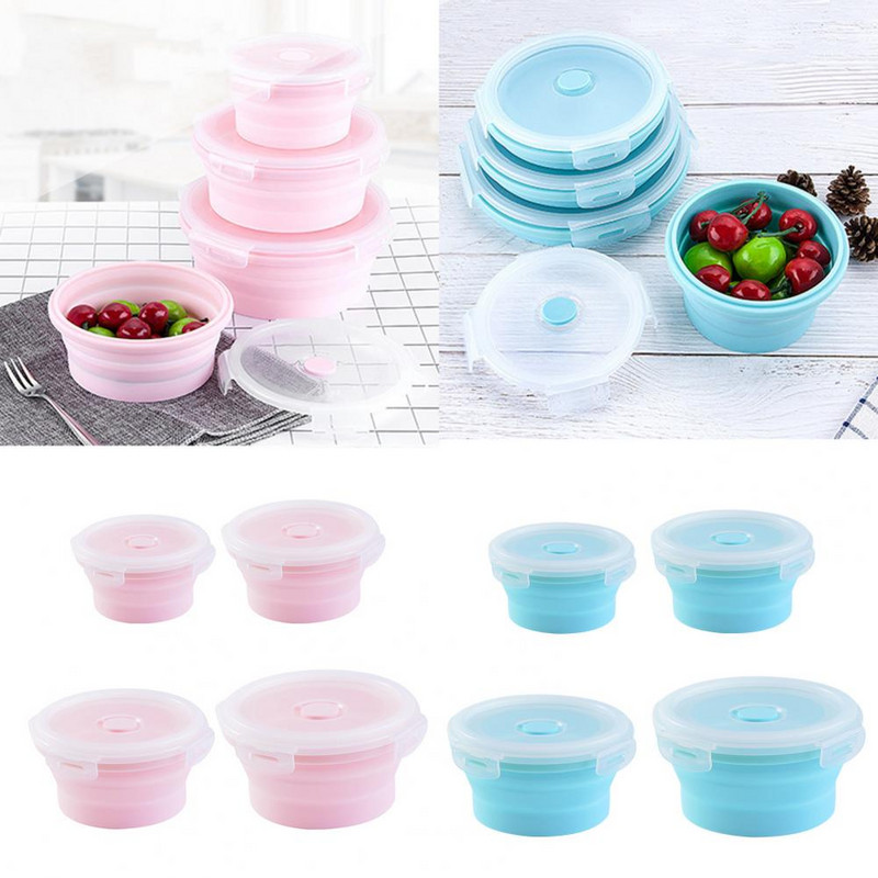 350/500/800/1200 ml kerek szilikon ebédlődoboz, mikrohullámú sütőben biztonságos, összecsukható, zárt fedéllel ellátott, hordozható hűtőszekrény Bento élelmiszertartály