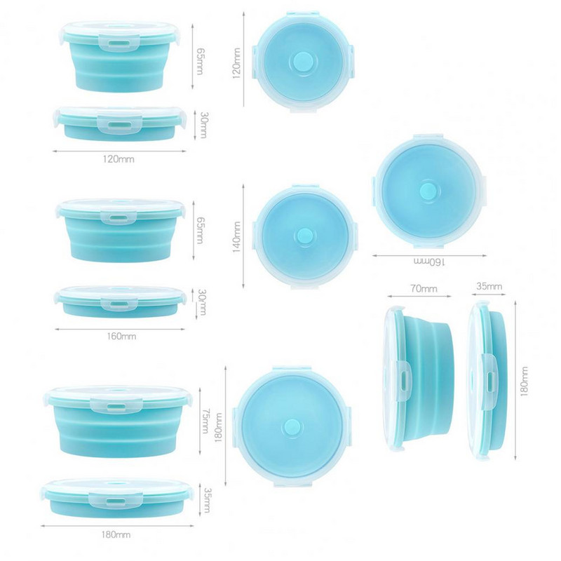 350/500/800/1200 ml kerek szilikon ebédlődoboz, mikrohullámú sütőben biztonságos, összecsukható, zárt fedéllel ellátott, hordozható hűtőszekrény Bento élelmiszertartály