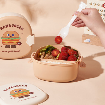 Кутия за обяд с принт на анимационен бургер Детска преносима кутия Bento с лъжица вилица Симпатичен детски контейнер за храна за студенти Кутия за допълнителна храна