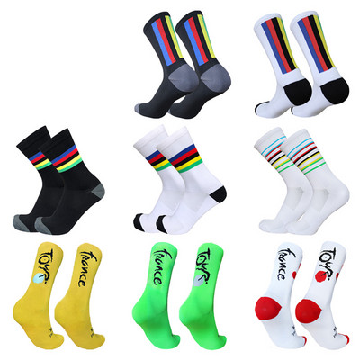 Șosete noi de ciclism bărbați, femei, campioni, dungi colorate, sport, respirabili, de compresie, șosete de ciclism Calcetines Ciclismo