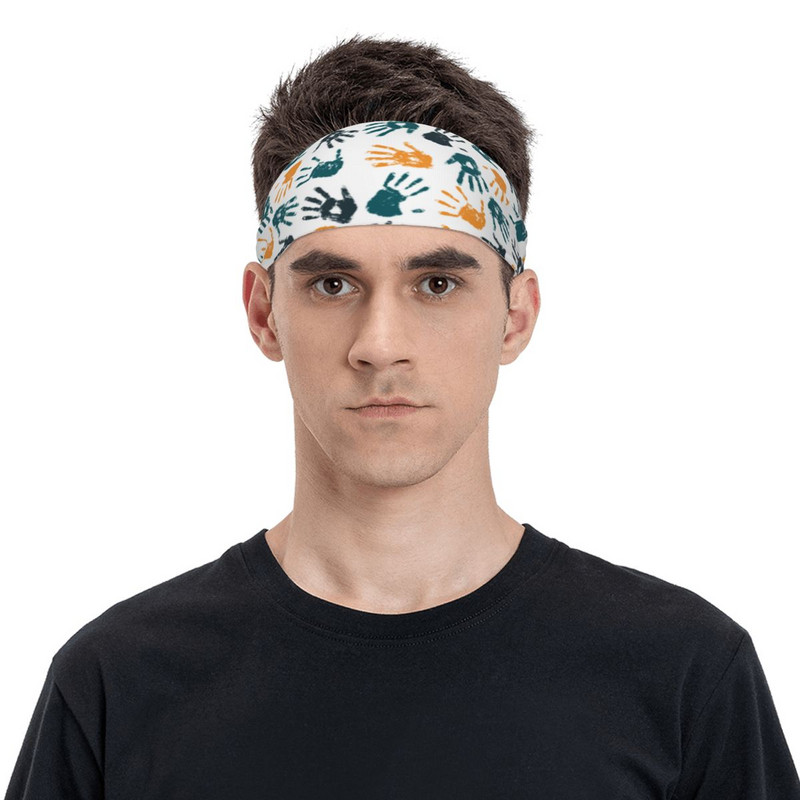 Ζωηρόχρωμη στάμπα χεριών Headband Sweat Bands Cartoon Hair Band Cycling Yoga Sports Sweatband Sports Safety for Women Men