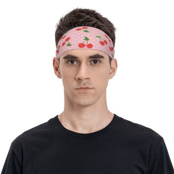 Pink Heart Cherry Sweatband Еластична атлетична пот лента за глава Противохлъзгаща се лента за изпотяване на главата с червени плодове Фитнес зала Фитнес Йога Тюрбан за коса