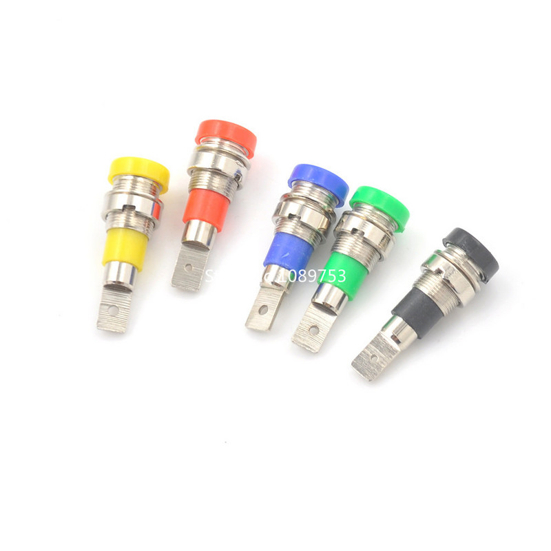 5 vnt. žalvarinis 2 mm bananinis lizdas, važiuoklės skydelio tvirtinimo lizdo jungtis neapdengtam bananų kištukui