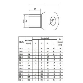 10Pcs Тип SC кабелен конектор за кримпване на клема SC16-6 SC25-6/35-6 Отвор за болт Калайдисана мед Безшевни тръбни накрайници Пръстен