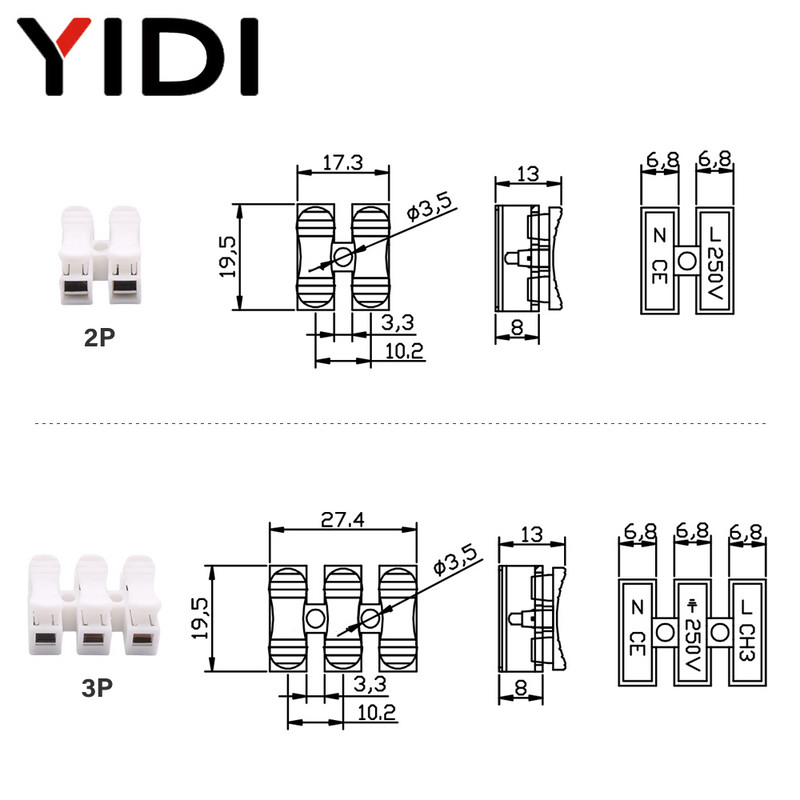 10tk/partii 2P 3P Mini Push Quick Splice Lock Cable Wire Connector Valge CH2 CH3 Elektrilise vedruklambri ühendusklemmiplokk