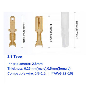 100 БР. Златен 2,8 мм 4,8 мм 6,3 мм изолиран кабелен конектор, мъжки или женски щепсел, кримпващ терминал, прозрачен ръкав, опакован в плик