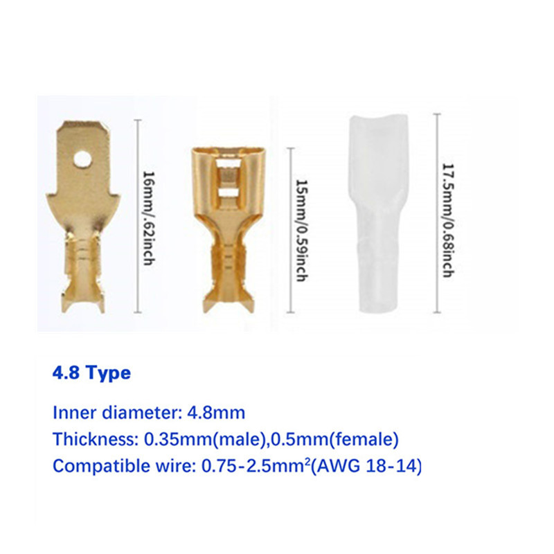 100 tk kuldne 2,8 mm 4,8 mm 6,3 mm isoleeritud traadi pistik isoleeritud või emane pistiku pressimise klemm läbipaistev ümbris kotis