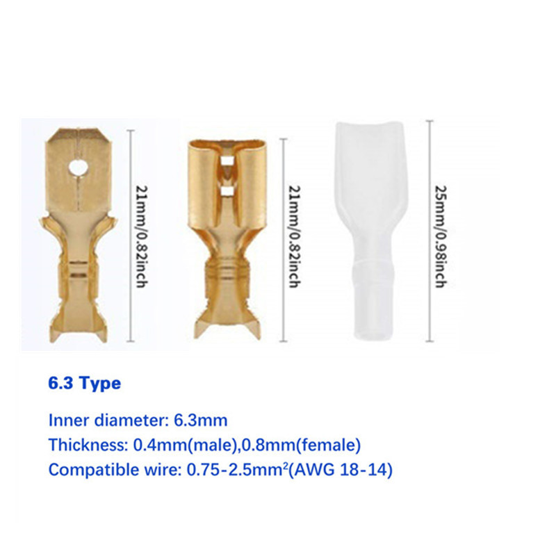 100 tk kuldne 2,8 mm 4,8 mm 6,3 mm isoleeritud traadi pistik isoleeritud või emane pistiku pressimise klemm läbipaistev ümbris kotis