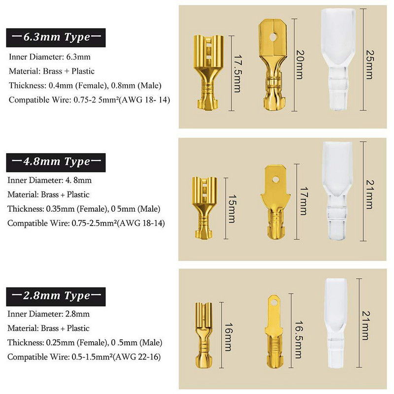 100 tk/partii 2,8/4,8/6,3 mm pressklemm emane isane pistik kuldne messing/hõbedane labidas elektrijuhtme pistikud autokõlar 50 S