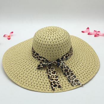 Όμορφο καπέλο παραλίας Γοητευτικό πτυσσόμενο ψάθινο καπέλο ηλίου Λεοπάρ ντεκόρ με φιόγκο Γλυκό καπέλο παραλίας