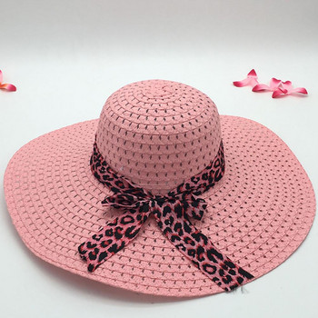 Слънцезащитна сламена шапка Сгъваема плажна шапка за жени Leopard Bowknot Decor Floppy Cap Дамска шапка с широка периферия шляпа женская