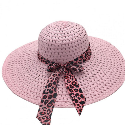 Slamnati šešir za zaštitu od sunca Sklopivi šešir za plažu za žene Leopard Bowknot Decor Floppy Cap Ženski šešir širokog oboda šlâpa ženskaâ