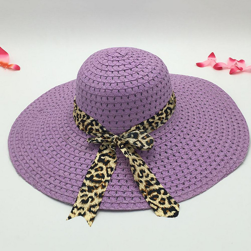 Slamnati šešir za zaštitu od sunca Sklopivi šešir za plažu za žene Leopard Bowknot Decor Floppy Cap Ženski šešir širokog oboda šlâpa ženskaâ