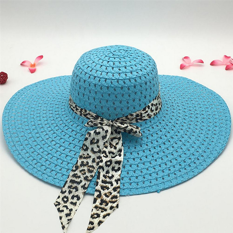 Slamnati šešir za zaštitu od sunca Sklopivi šešir za plažu za žene Leopard Bowknot Decor Floppy Cap Ženski šešir širokog oboda šlâpa ženskaâ