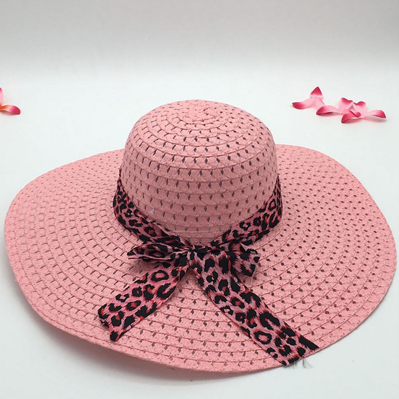 Slamnati šešir za zaštitu od sunca Sklopivi šešir za plažu za žene Leopard Bowknot Decor Floppy Cap Ženski šešir širokog oboda šlâpa ženskaâ