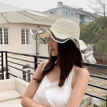 Νέο κορεάτικο στιλ Γυναικεία άχυρο γάζα με κορδέλα με φιόγκο με μεγάλο γείσο Ολιακό σκίαστρο με διασημότητες, καπέλο για διακοπές στην παραλία
