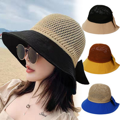 Pălărie de paie pliabilă cu boruri late, pentru fete, pălărie de soare, pentru plajă, pentru femei, pălărie de vară, cu protecție UV, șapcă de călătorie, șapcă pentru femeie