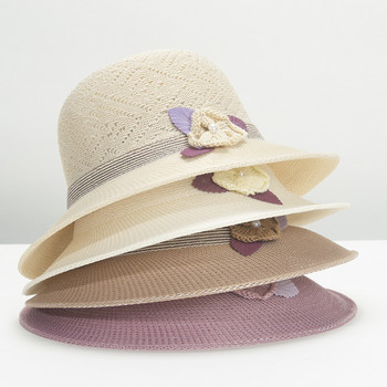Καλοκαιρινό γυναικείο καπέλο ηλίου καπέλο καπέλο μπεζ δαντέλα παπιγιόν λουλούδια Κορδέλα επίπεδη κορυφή ψάθινο καπέλο Καπέλα παραλίας Μεγάλο ψάθινο καπέλο Panama Outdoor