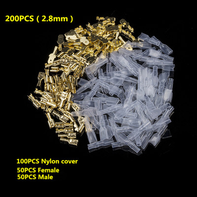 200Pcs/παρτίδα 2,8/4,8/6,3mm Συνδετήρες καλωδίων Ποικιλία κιτ Crimp Τερματικά θηλυκού/αρσενικού φτυαριού με διαφανή μονωτικά μανίκια