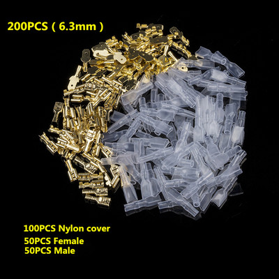 200Pcs/παρτίδα 2,8/4,8/6,3mm Συνδετήρες καλωδίων Ποικιλία κιτ Crimp Τερματικά θηλυκού/αρσενικού φτυαριού με διαφανή μονωτικά μανίκια