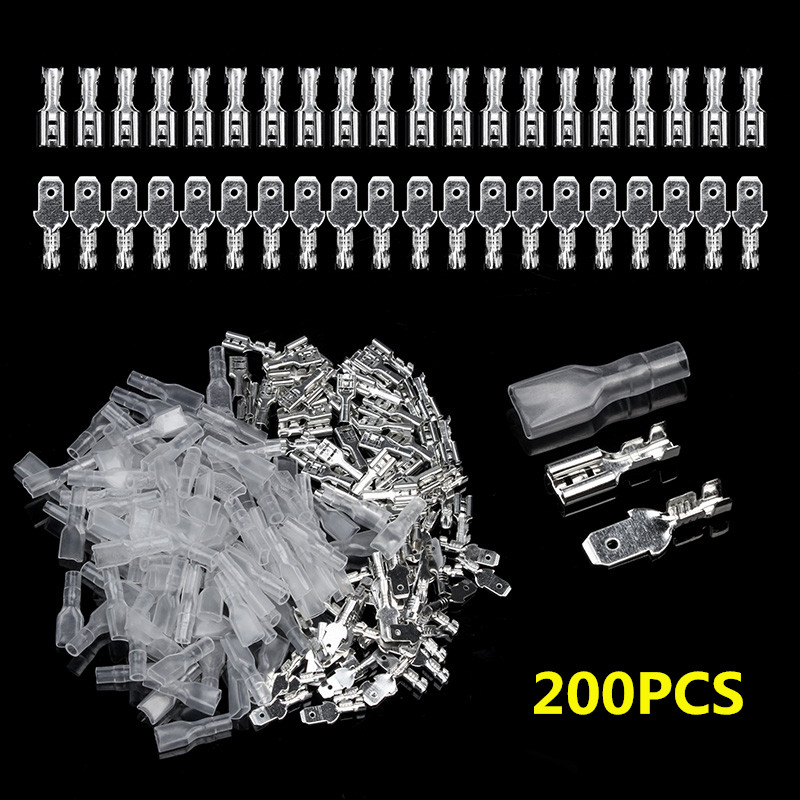 200Pcs/παρτίδα 2,8/4,8/6,3mm Συνδετήρες καλωδίων Ποικιλία κιτ Crimp Τερματικά θηλυκού/αρσενικού φτυαριού με διαφανή μονωτικά μανίκια