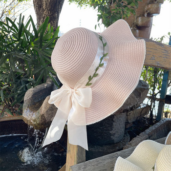 2023 Fashion New Sun καπέλο Streamer Bow Διακοσμητικό καπέλο για ενήλικες Αντηλιακό καπέλο παραλίας Καλοκαιρινό μεγάλο καπέλο κομψό υφαντό καπέλο