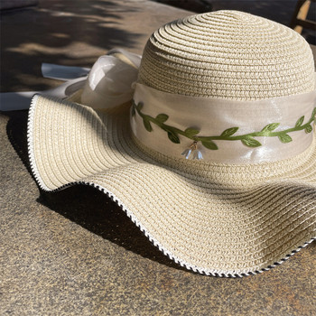 2023 Fashion New Sun καπέλο Streamer Bow Διακοσμητικό καπέλο για ενήλικες Αντηλιακό καπέλο παραλίας Καλοκαιρινό μεγάλο καπέλο κομψό υφαντό καπέλο