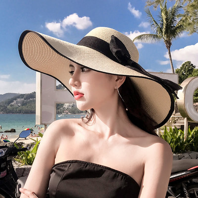 Модна версия на плажна сламена шапка за 2023 г. Дамска лятна крайбрежна лятна слънцезащитна сенник с голяма периферия Слънцезащитен сенник Голям ръб Хладна шапка Ветроустойчива тъкана шапка