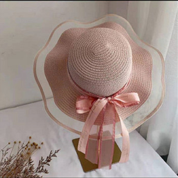 Сламена шапка с панделка за пътуване с голяма периферия Шапка за слънце Лятна сгъваема дамска плажна шапка UV защита