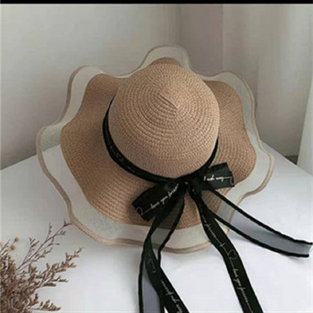 Ψάθινο καπέλο με κορδέλα Ταξίδι Μεγάλο γείσο Καπέλο ηλίου Καλοκαιρινό πτυσσόμενο γυναικείο καπέλο παραλίας Προστασία UV